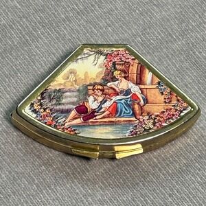 Fan Shaped Pill Box Powder Makeup Cosmetic Compact Case Floral Scene Gold Vtg
